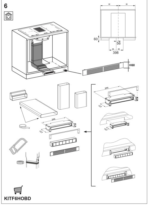 Ritning av en induktionshäll med integrerad bordsfläkt, detaljerade mått för ventilationsrör och montering, samt illustrationer av komponenter och verktyg.