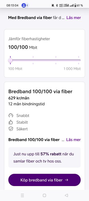 Skärmdump av Telias bredbandserbjudande: 100/100 Mbit fiber, 629 kr/mån, 12 mån bindningstid, upp till 57% rabatt vid köp av fiber och tv.