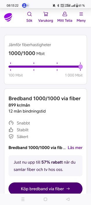 Bild av Telias fiberbredbandserbjudande, 1000/1000 Mbit för 899 kr/mån med 57% rabatt vid paketlösning med tv.