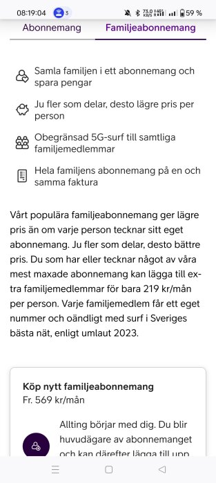 Skärmbild av Telias familjeabonnemangserbjudande med obegränsad 5G-surf och lägre pris per person när fler delar abonnemanget.