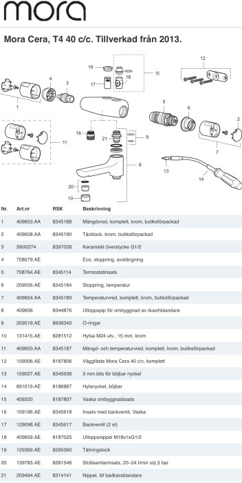 Explosionsritning och lista över delar för Mora Cera T4 40 c/c, med artiklar som mängd- och temperaturvred, utloppspip och termostatinsats.