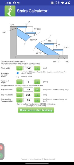 Skärmdump av "Stairs Calculator"-app med inmatade mått för trappa, inklusive steghöjd och djup, samt rekommendationer.