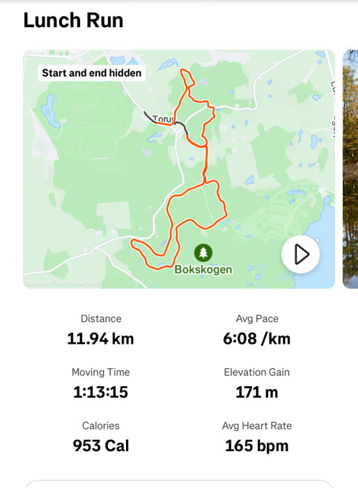 Bild av en löprunda på en karta vid Torup genom Bokskogen med detaljer: 11,94 km, 1:13:15 tid, 6:08/km tempo, 953 kalorier, 171 m höjdmeter, 165 bpm puls.