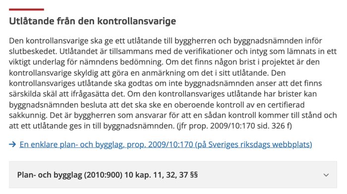 Text om utlåtande från kontrollansvarig inför slutbesked, inklusive referens till plan- och bygglag.