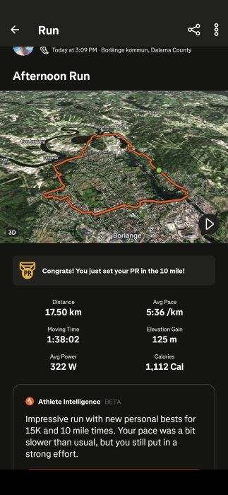 Karta över löprunda i Borlänge, 17.5 km, 5:36 min/km, 322W, 125 m höjning, 1112 kalorier, rekord för 10 miles och 15K.