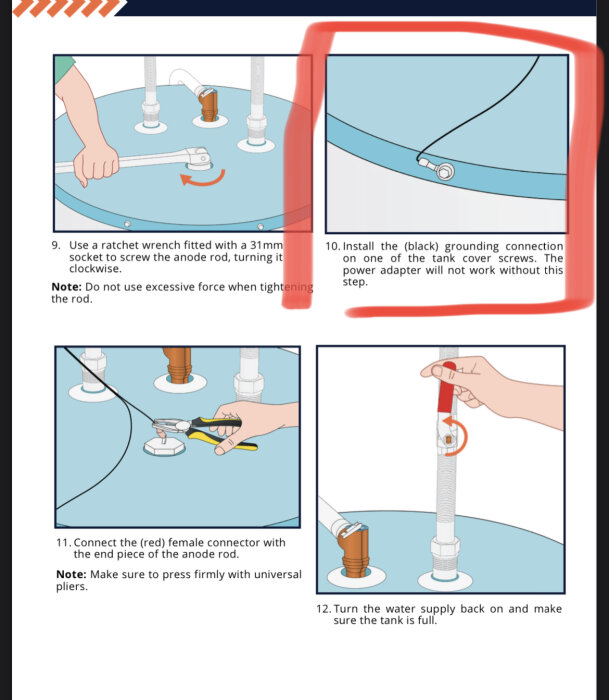 Illustration av koppling av jordkabel till tanklockets skruv för anodstavsinstallation på en varmvattenberedare.