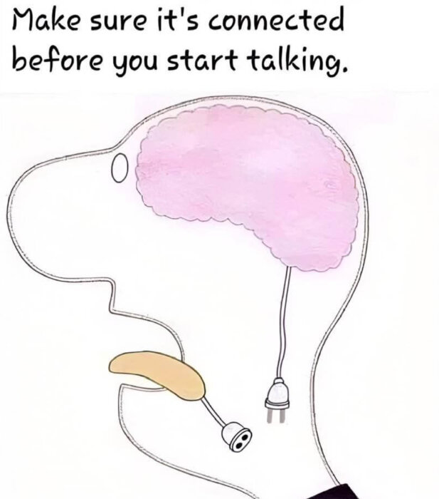 Illustration av ett huvud med en hjärna ihopkopplad till munnen som en strömkabel, med texten "Make sure it's connected before you start talking".