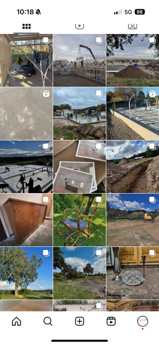 Instagram-grid med bilder av ett husbygge, byggplaner, verktyg, landskap och möbler associerade med ett byggprojekt i Småland.