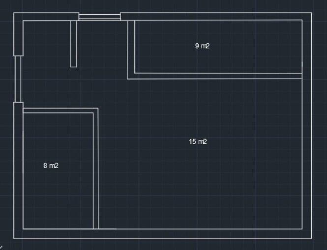 Planritning som visar tre rum med måtten 8 m², 9 m² och 15 m². Området på 9 m² markerar den nuvarande eldstadens placering.