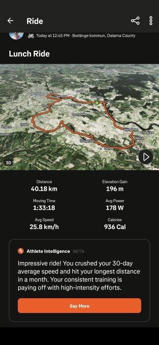 Karta över en cykeltur i Borlänge med detaljer om distans (40,18 km), höjdökning (196 m), och medelhastighet (25,8 km/h), samt träningskommentar.