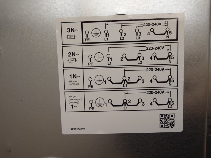 Diagram över olika kopplingsalternativ för en spis, inklusive 3N, 2N och 1N kopplingsscheman med märkning för 220-240V och specificerade strömstyrkor.