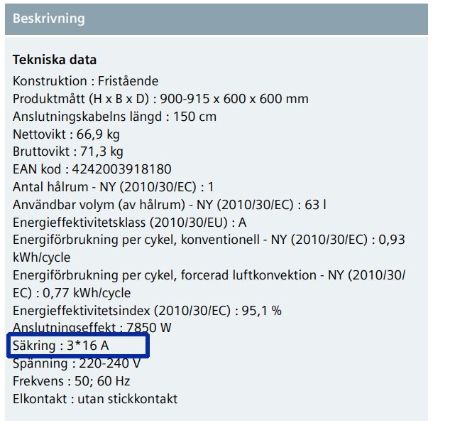 Produktblad för Siemens spis med tekniska data, inklusive säkring specificerad som 3 * 16 A. Marknadsföring avser felaktig uppgift.