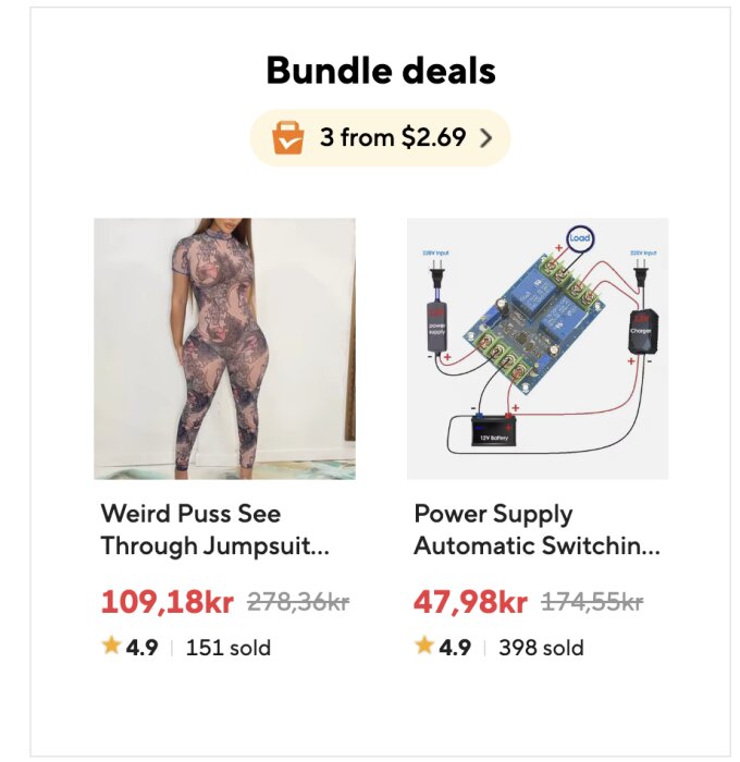 AliExpress bundle deals med ett genomskinligt jumpsuit och automatiskt strömförsörjningsbyte, inklusive pris och betyg.