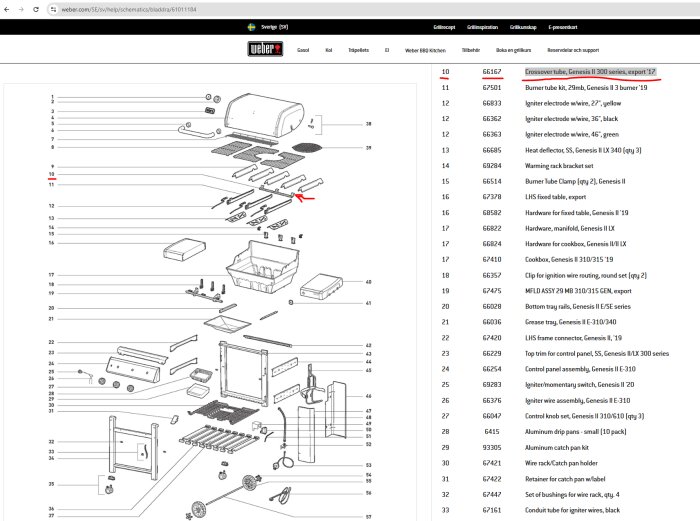 Exploded view of Genesis II 300 series grill parts with a red arrow highlighting the "Crossover tube" component, labeled as part number 66162.