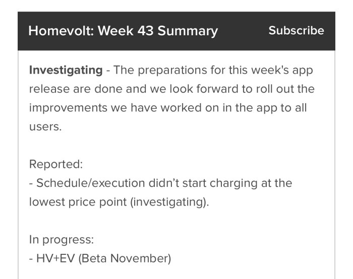 Homevolt: Week 43 Summary" app release note with issues and beta schedule.