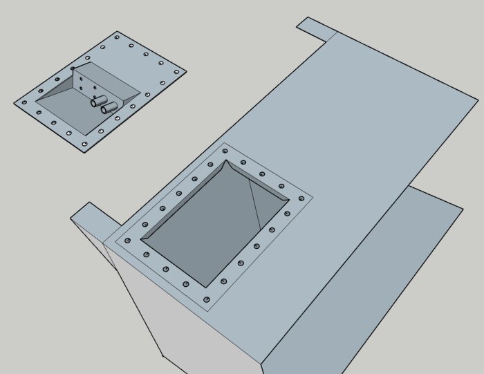 Skiss av en tanklucka med bultar och rör, visar design för byggprojekt.