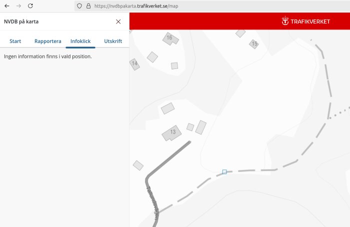 Karta från NVDB med streckade och helstreckade vägar, små byggnader numrerade 13-16, och text som säger "Ingen information finns i vald position.