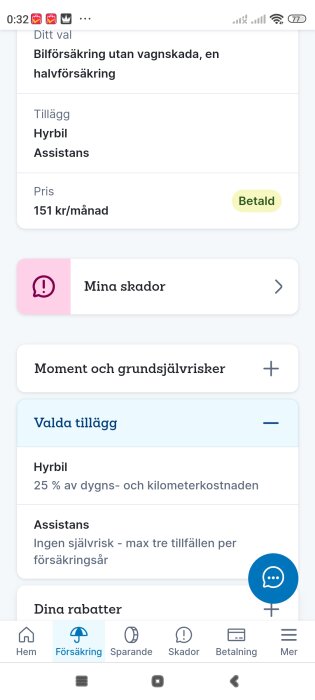 Skärmdump av försäkringsdetaljer med hyrbil och assistans som tillägg, kostnad 151 kr/mån betald.