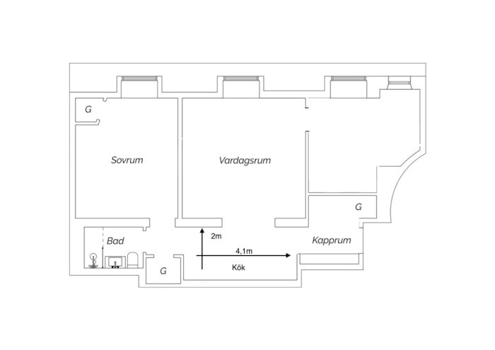 Planritning av en lägenhet som visar kökets nya placering i en hall, sovrum, vardagsrum, badrum och kapprum.