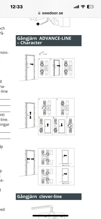 Instruktioner för justering av Swedoor Advance-Line gångjärn, inklusive steg-för-steg bilder för att anpassa dörrens position och passform.