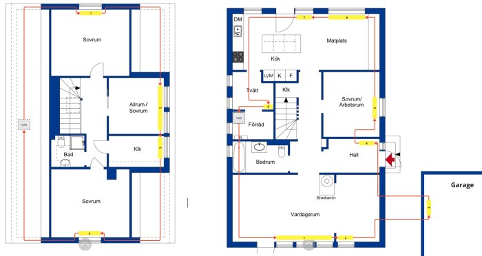 Planritning över två våningar med radiatorer och värmesystem markerade med slingor; inkluderar sovrum, kök och badrum.