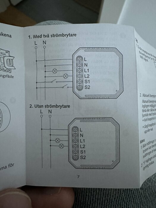 Illustration av kopplingsschema för inkoppling av dimmer med och utan strömbrytare, visar anslutningar L, N, L1, L2, S1, och S2.