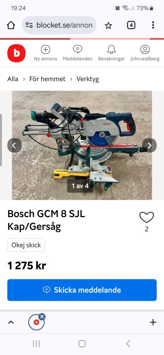 Bild på en Bosch GCM 8 SJL kap-/gersåg i okej skick, till salu för 1 275 kr på Blocket.