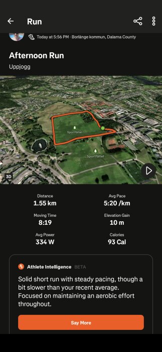 3D-karta över en löprunda på 1,55 km runt sportfältet i Borlänge, Dalarna. Visar distans, snittempo och andra löparstatistik.