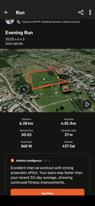 Satellitbild över en löprutt på 6,28 km vid Sportfältet i Borlänge, med löpdata och prestationsanalys. Rutt markerad i rött på kartan.