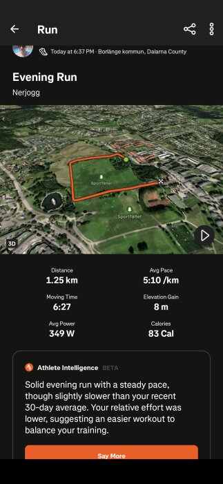 3D-karta över en kvällsrunda i Borlänge kommun med data om distans, tid, snitttempo och kalorier, avslutad på en sportfält.
