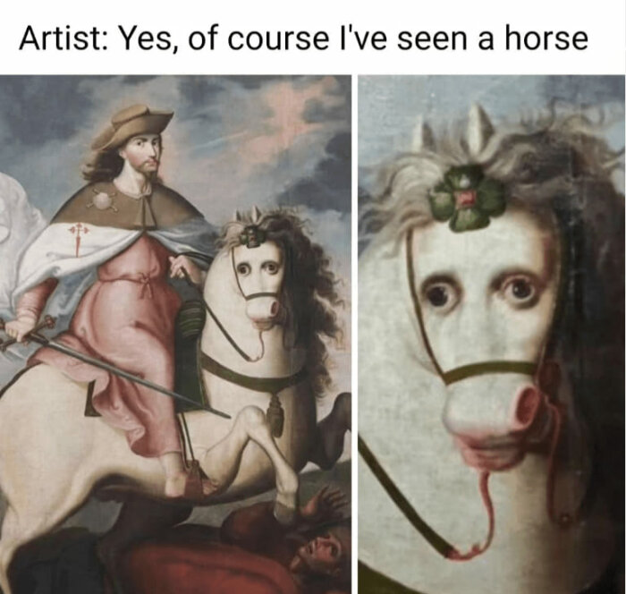 Målning av en ridande man på häst med överdrivna drag. Text: "Artist: Yes, of course I've seen a horse." Humoristisk tolkning av konst.