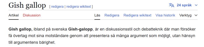 Skärmdump av Wikipedia-artikel om Gish gallop, en debatteknik som involverar att överväldiga motståndare med många argument, utan hänsyn till deras bärighet.