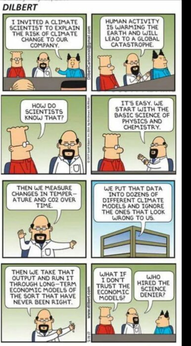 En Dilbert-serie där en klimatforskare förklarar klimatförändringar, vetenskapliga metoder och modeller, och får skeptiska svar.