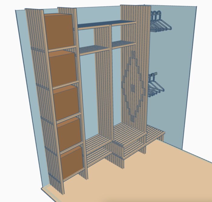 Skiss av hallmöbel med hyllor, sittdel och sektion för klädhängare, byggd av ribbor, planerad i trä som furu eller björk.