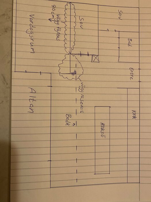 Skiss av rum med markerad vägg som ska flyttas, tidigare yttervägg. Vardagsrum, sovrum och kök visas.