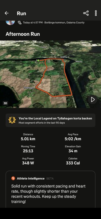 Karta över löprunda i Borlänge kommun med statistik: 5,01 km, 5:02 min/km, 25:13 min, 34 m höjdökning, 348 W effekt, 333 kalorier.