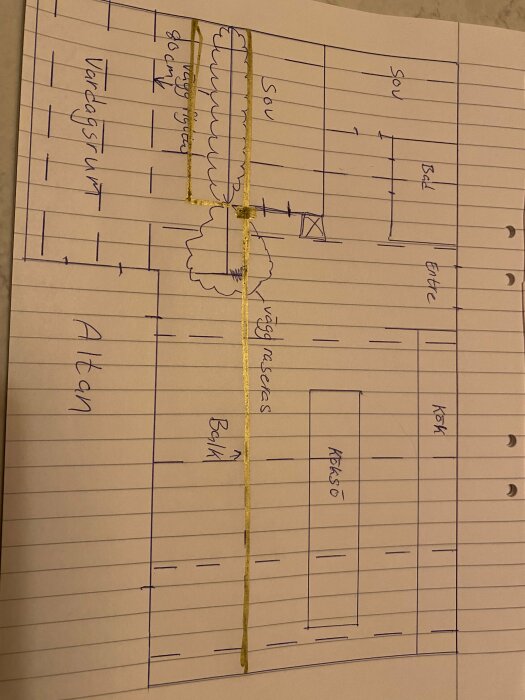 Skiss över rumsindelning i ett hus, visar vardagsrum, sovrum, kök, balk och väggar som förlängs för att stödja takstolar.