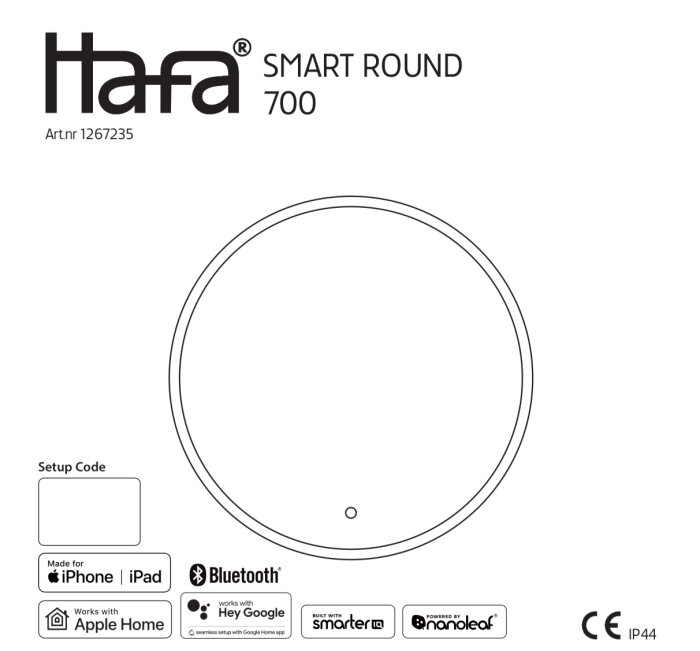 Schematisk ritning av en Hafa Smart Round 700 badrumsspegel, designad för kompatibilitet med smarta hem-enheter som iPhone, iPad och Google Home.