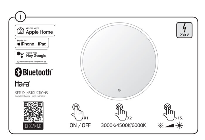 Symboler och logotyper på en spegel med olika anslutningsfunktioner som Apple Home, Hey Google och Bluetooth, samt belysningsinställningar.