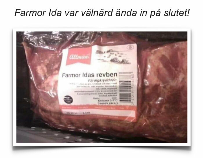 Förpackning med färdigkryddade revben märkta "Farmor Idas revben" samt humoristisk text ovanför: "Farmor Ida var välnärd ända in på slutet!