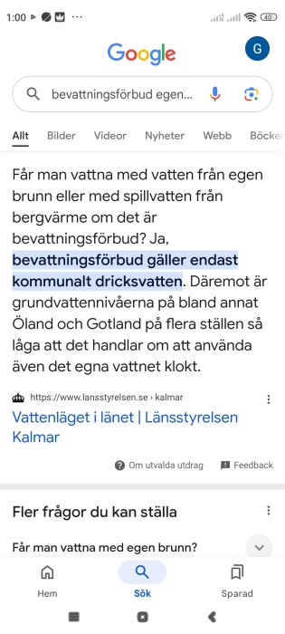 Skärmdump av en Google-sökning om bevattningsförbud och användning av kommunalt dricksvatten med egen brunn.