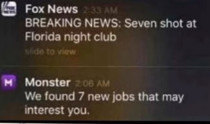 Två mobilnotiser: Fox News rapporterar om sju skjutna på nattklubb i Florida; Monster tipsar om sju jobb.