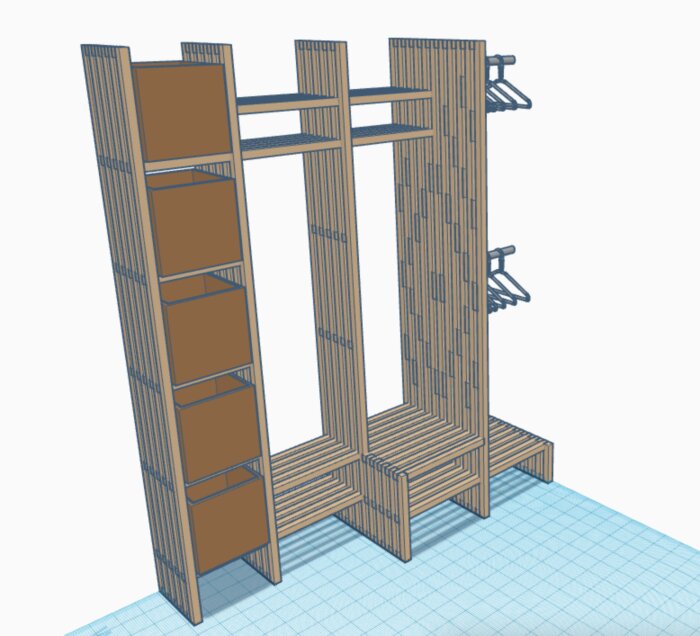 3D-modell av en förvaringsenhet med större ribbordimensioner och fler mellanrum. Innehåller hyllor och klädhängare, visar konstruktionens princip.