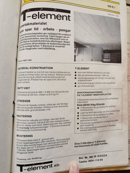 Broschyr från 1974 med information om T-element innertak, visar installering, specifikationer och användningsråd.