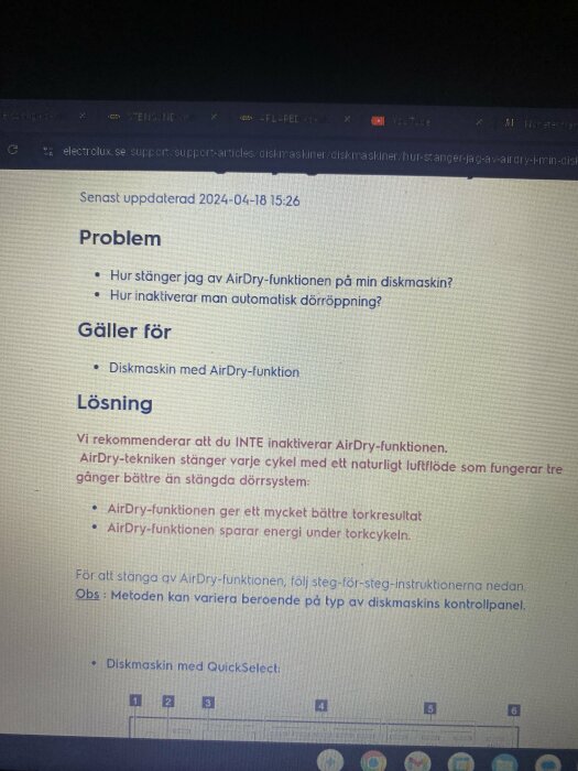 Skärmdump av en Electrolux supportsida om att inaktivera AirDry-funktion på en diskmaskin, med text i fetstil och rött.