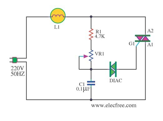 Kopplingsschema för dimmerkrets med diac och triac, inkluderar resistorer, kondensator, och variabel resistor för ljusstyrning vid 220V 50Hz.