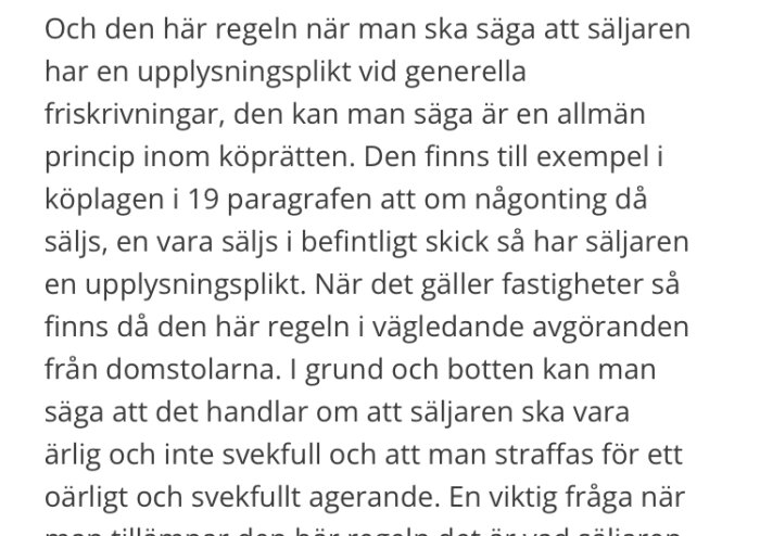 Text om säljarens upplysningsplikt vid försäljning enligt köprätten och köplagen paragraf 19.