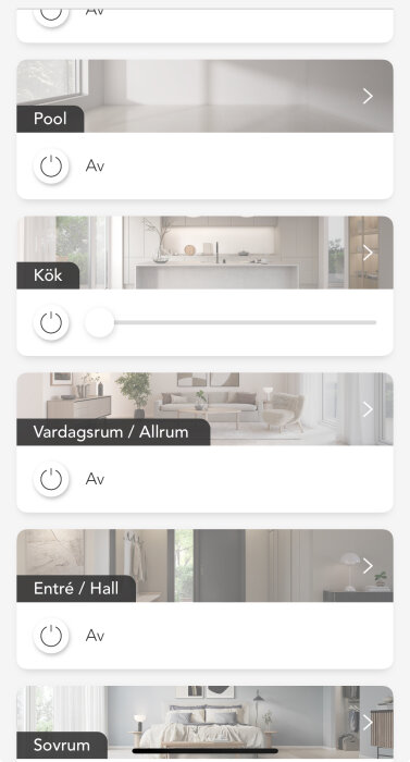 Mobilapp för hemautomation från Plejd som visar inställningar för pool, kök, vardagsrum, entré och sovrum. Lampor kan tändas/släckas.