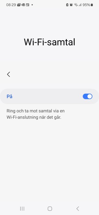 Inställningar för Wi-Fi-samtal på en Android Samsung, aktiverat läge, med meddelande om att ringa via Wi-Fi när möjligt.