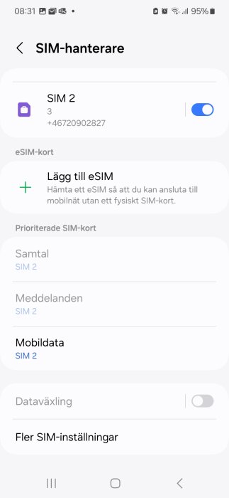 Skärmdump av SIM-hanterare på en Samsung Android-enhet med SIM 2 aktiverat och alternativ för att lägga till eSIM.